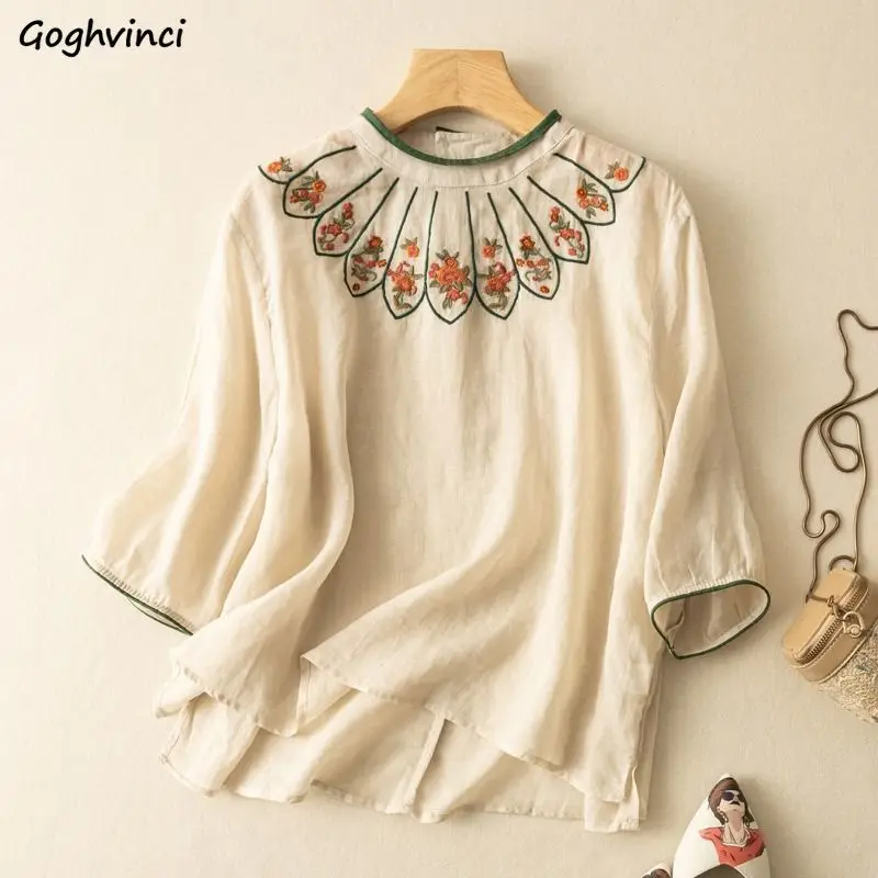 M-3XL Blouses Women Boho Summer Trendy Vintage Simple Embroidery Graceful Ladies Camisas Loose All-match Three Quarter Design