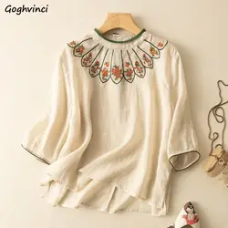 M-3XL Blouses Women Boho Summer Trendy Vintage Simple Embroidery Graceful Ladies Camisas Loose All-match Three Quarter Design