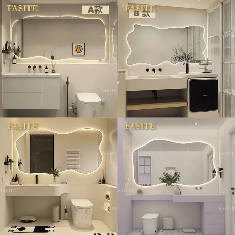 For Bathroom Simple Irregular LED Mirror Anti Fog Touch Screen Wall Mounted Smart Cosmetic Mirror for Toilet Vanity Decor