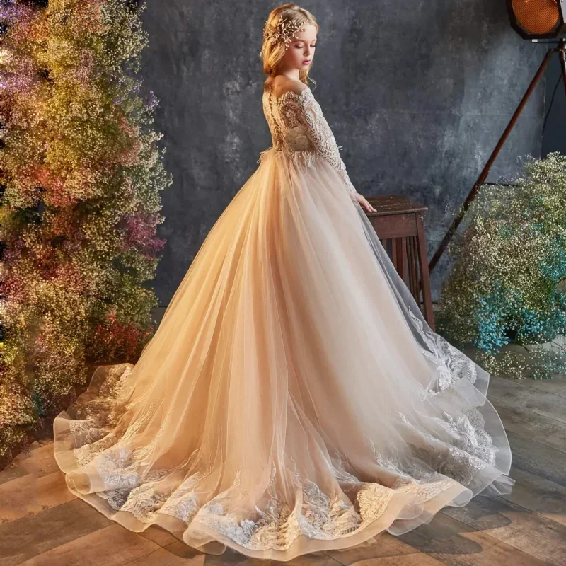Customized Flower Girl Dresses Champagne White Pattern Appliques Long Sleeve For Wedding Birthday Party Banquet Princess Gowns