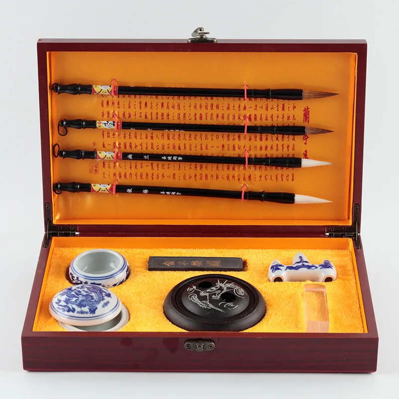 

Wooden Box Study Four Treasures Set Study Supplies Gift Brush Chinese Calligraphy Beginners Practice Set