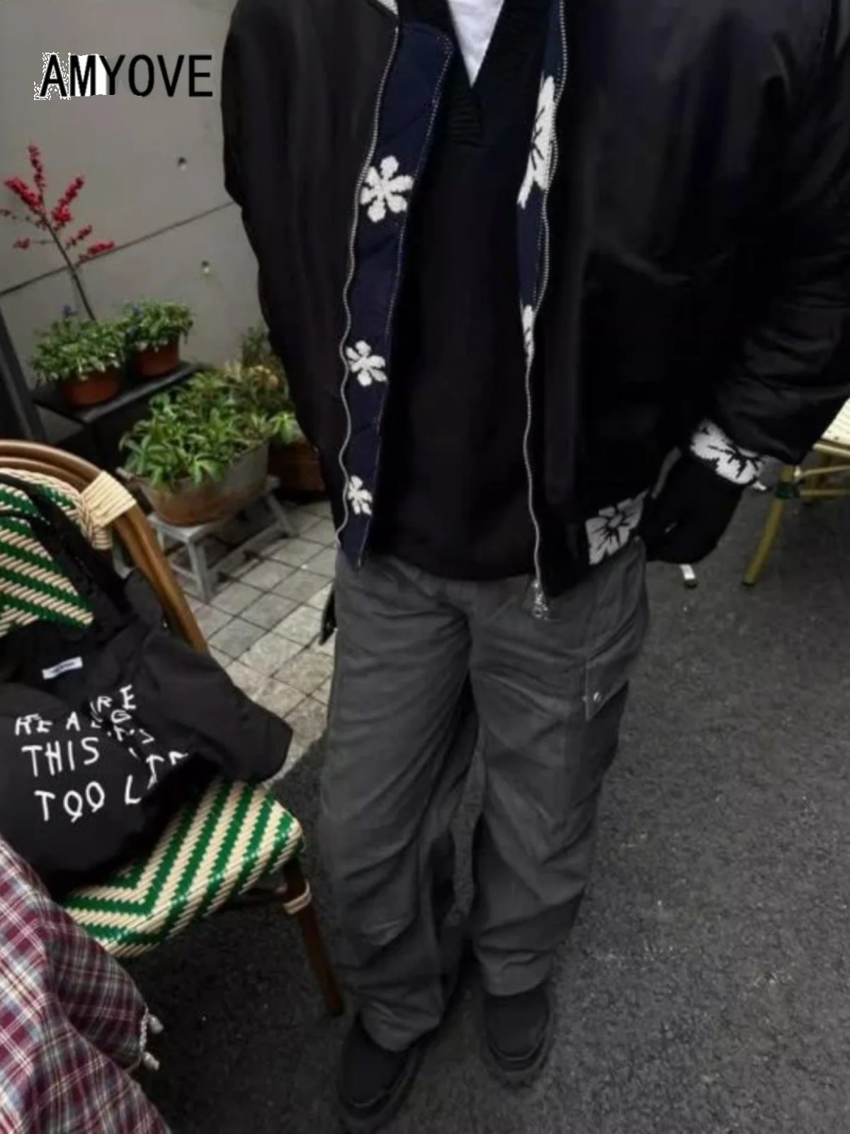 

American Retro Knitted Floral Patchwork Design Jaet Spring High Street Outerwear Loose Fit Long Sve Youthful Sle