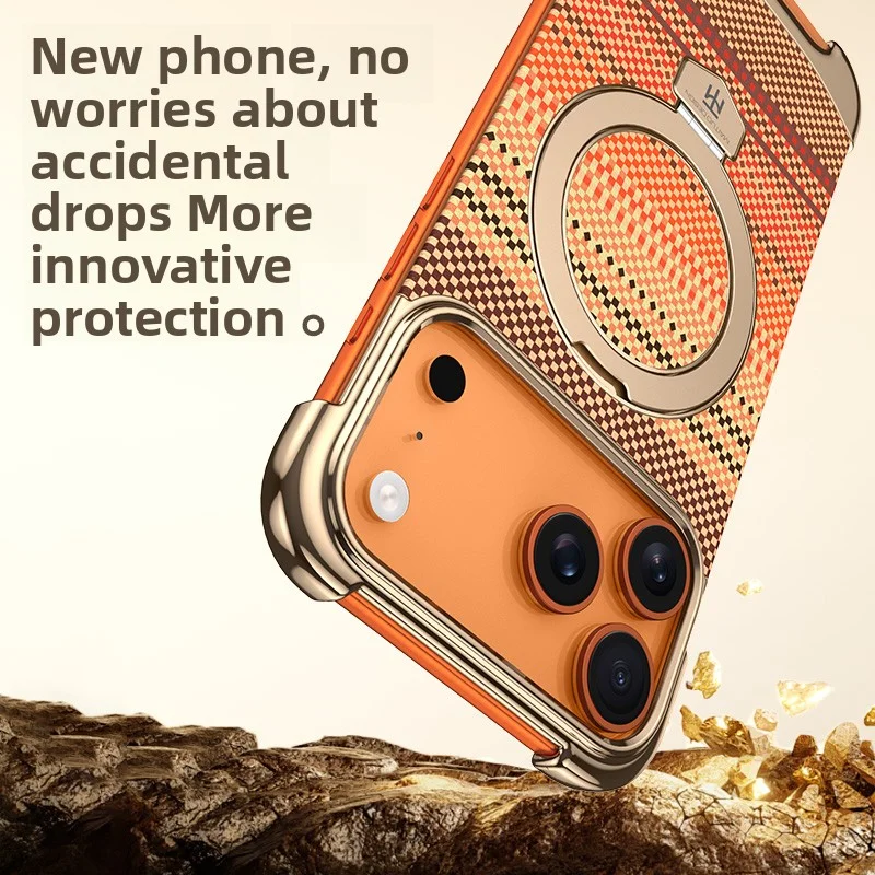 Capa magnética de couro para iphone 17 pro max 17air, design sem borda, revestimento premium, textura de fibra de carbono, capa com suporte