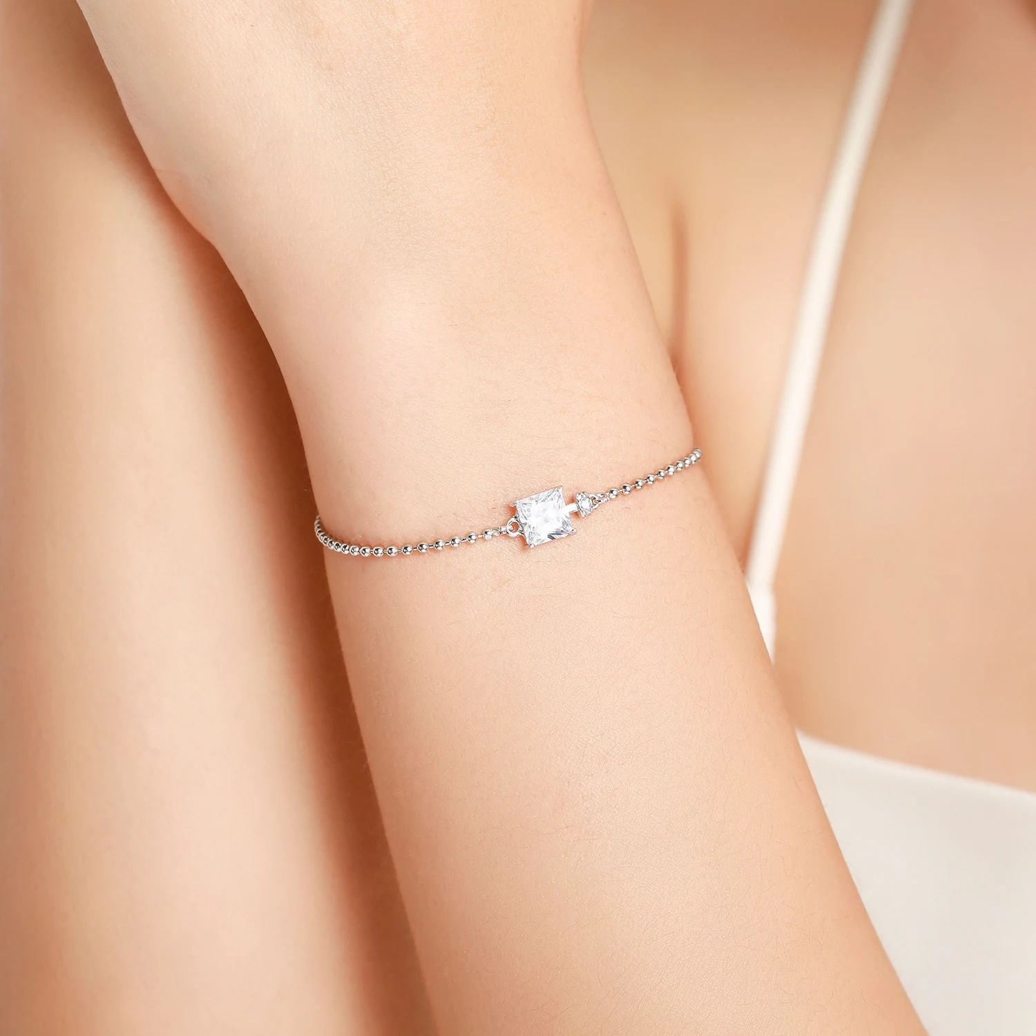 Modian Classic Square Clear CZ Bracelets Solid 925 Sterling Silver Charm Beads Chain Bracelet For Women Wedding Fine Jewelry