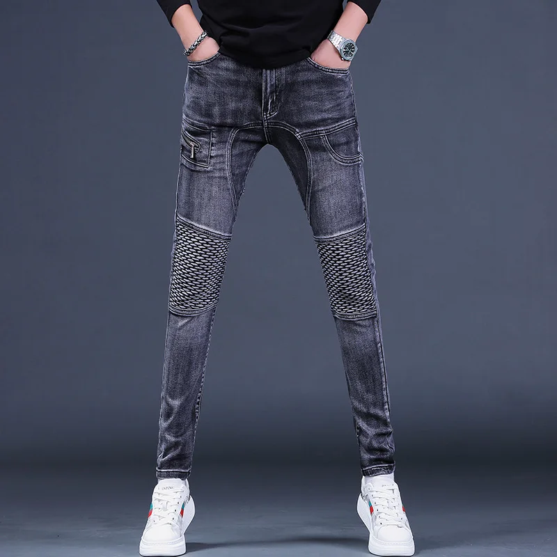 Men Biker Dark Gray Jeans Autumn Mens Slim Fit Straight Pants Streetwear Fashion Patchwork Denim Trousers CP2003