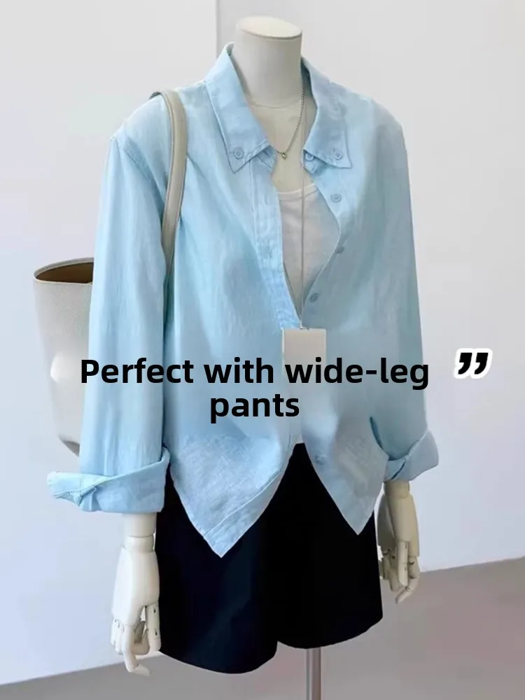 

Linen Blue Sun Protection Shirt Women's Summer Thin Outerwear Cardigan Slimming Cover up Top Loose Fit Long Sleeve Button down