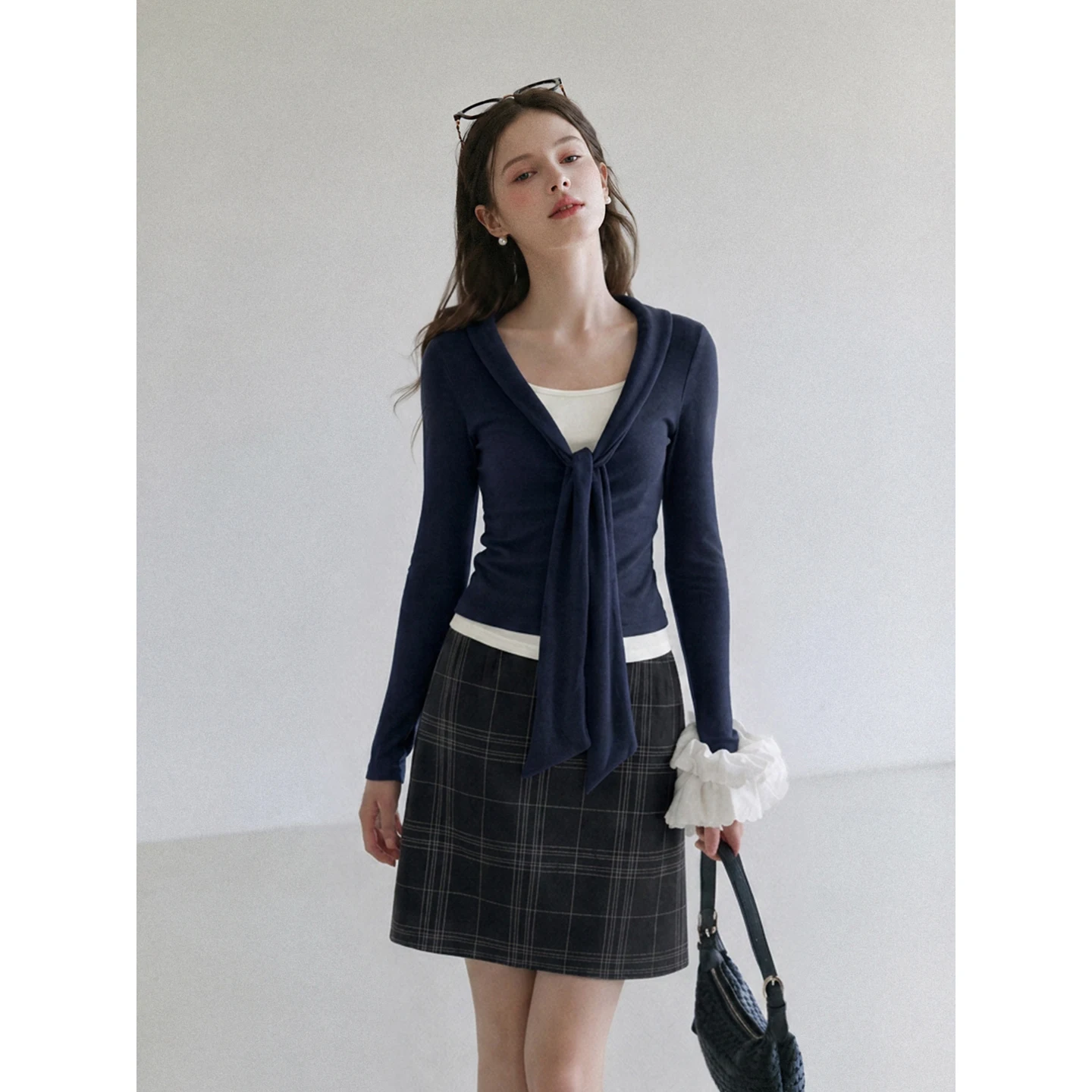 2026 Korean Style Women Faux Two‑Piece Long Sleeve T‑Shirt Spliced Tie Detail Slim Fit Inner Wear Chic Casual Ladies Blouse Tops