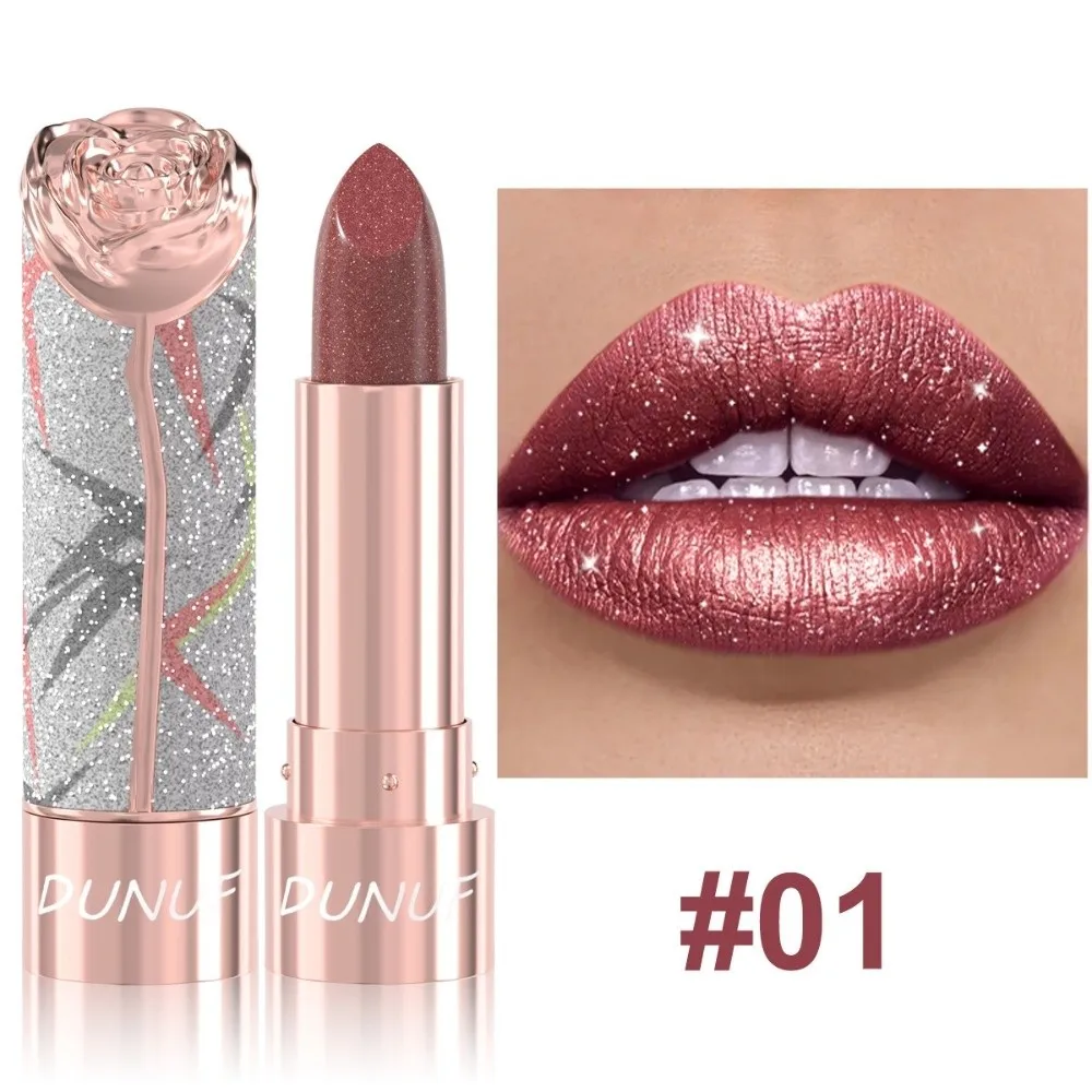 New 7 Colors Metallic Lipstick Floral Embossed Waterproof Glitter Lip Tint Pearlescent Long Lasting Shimmer Lip Glaze Women