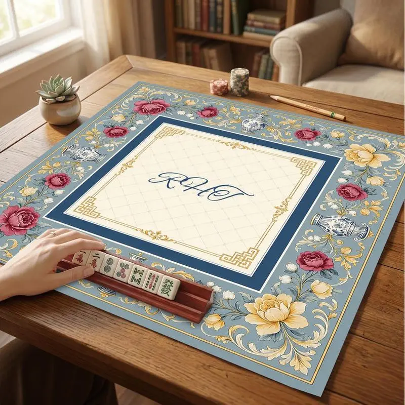 VIKAMA Blue Porcelain Peony Mahjong Mat Golden Frame Zoned Print Luxury American Charleston Desktop Cover