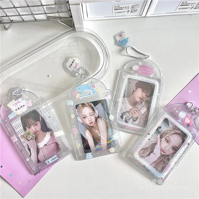 1Pc Korean INS Transparent Glitter PVC Card Holder Cute Girl Kpop 3-inch Star Idol Photo Card Storage Display Pendant for Bag