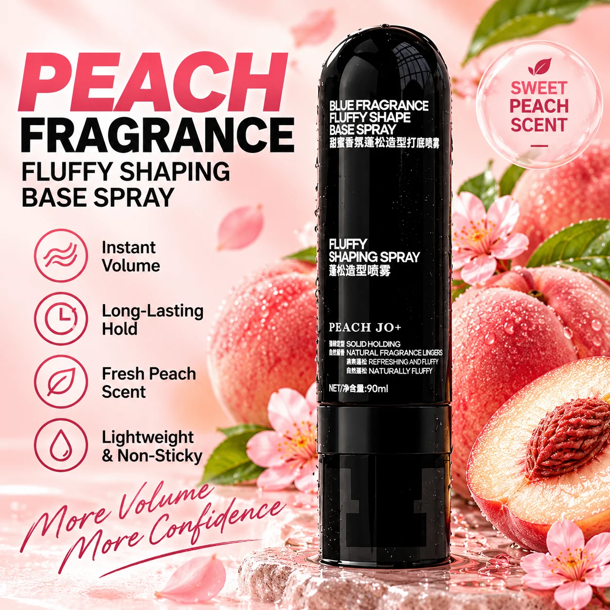 Spray do włosów zwiększający objętość, 90 ml, o zapachu brzoskwini, do stylizacji włosów, nadając im objętości i puszystości, zapewniający długotrwałe utrzymanie kształtu, odpowiedni dla kobiet i