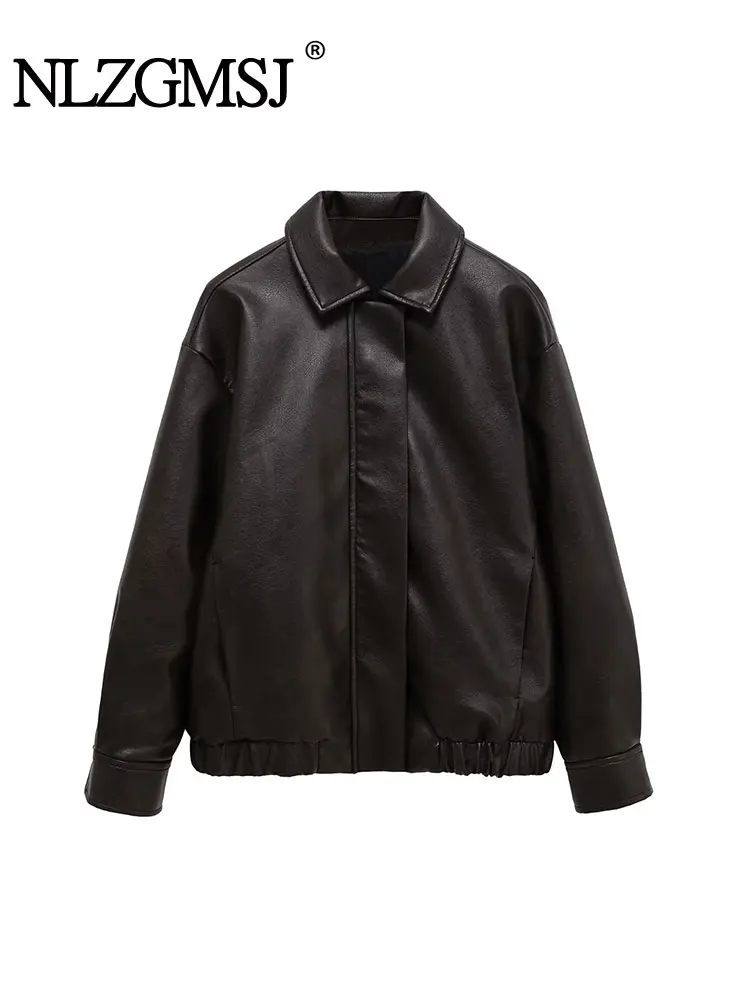 

NLZGMSJ Vintage Casual Chic Women Jacket Solid Turn-down Collar Zipper Long Sleeve Coats Fashion 2025 Autumn Coats