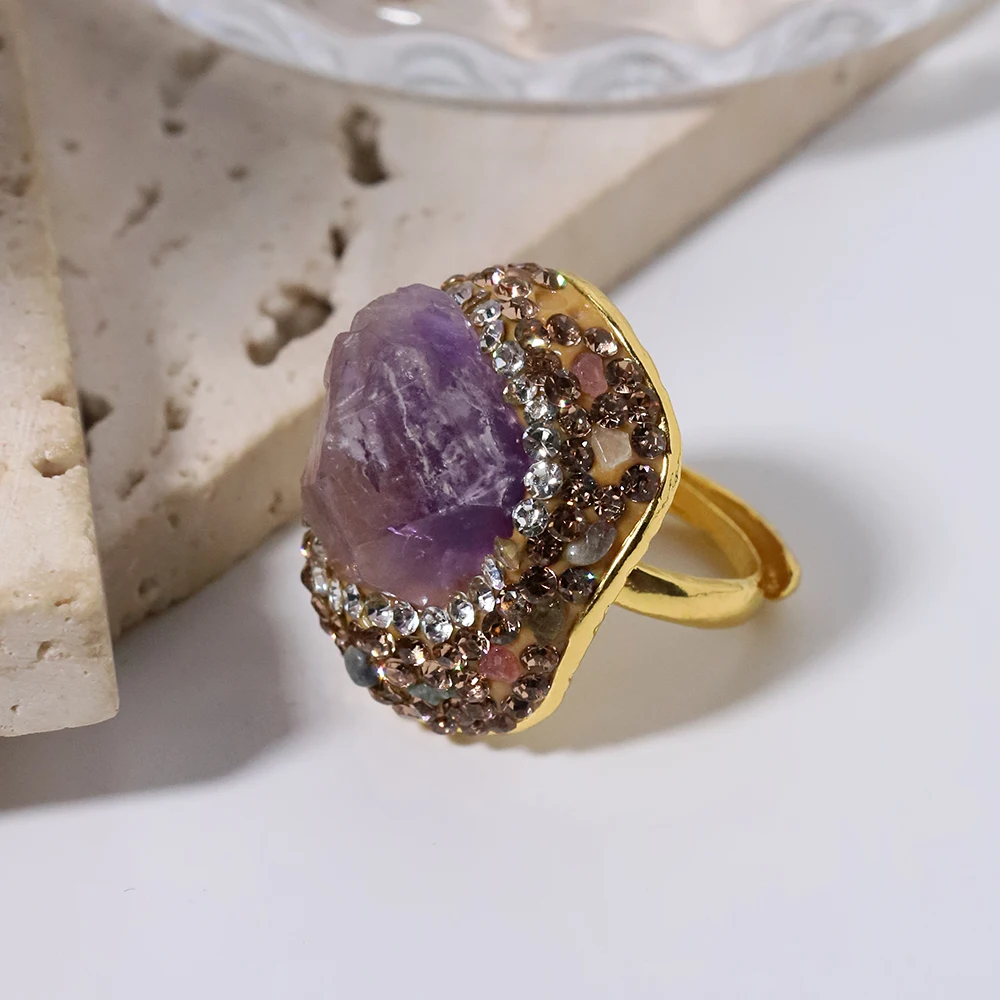 Natural Amethyst Inlaid Tourmaline Ring for Women Personalized Fashion Elegant Luxury Simple Ladies Banquet Jewelry GR0412