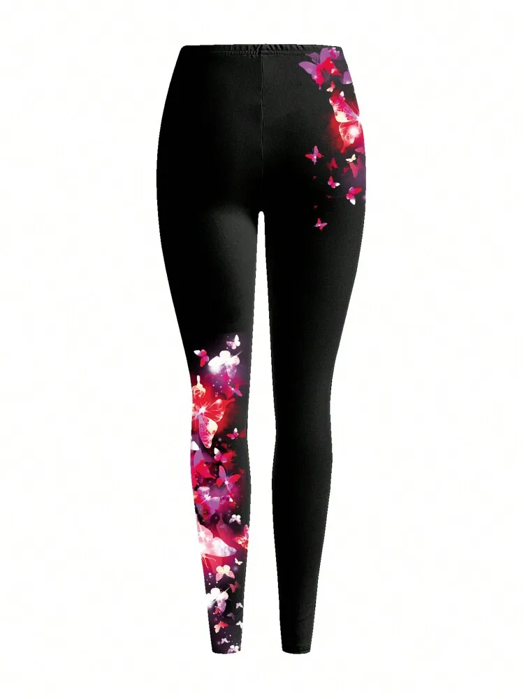 Butterfly print elastic elastic waist slim casual leggings women wear every day