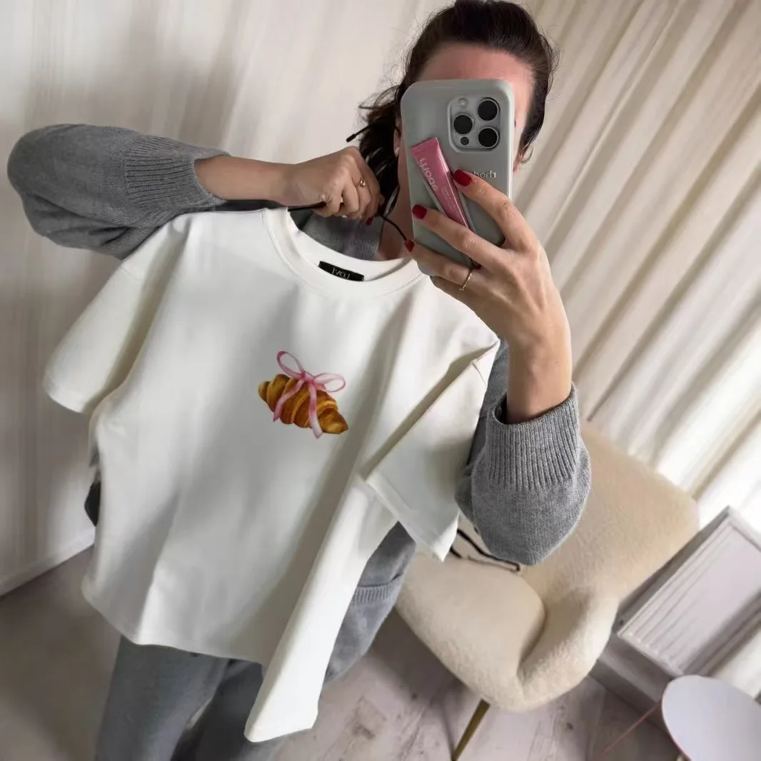 Casual Loose Cotton T-irt Top Creative Print Versatile Summer Faion Commute Sle ort Sve round Ne Regular Fit