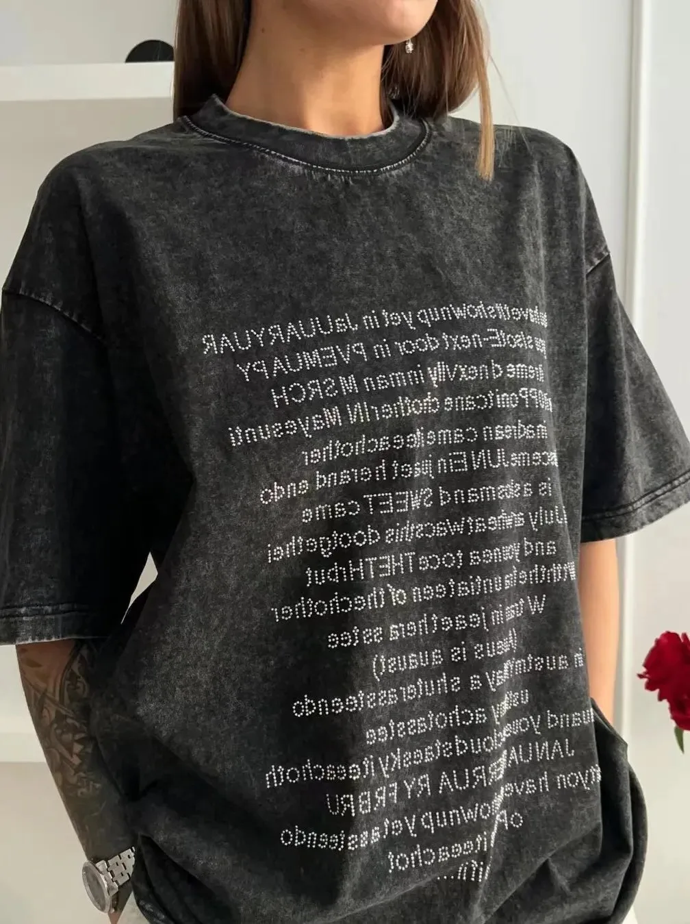 Vintage'owa koszulka z luźnym krojem, zdobiona diamentami, w stylu Feng Shui, z efektem postarzenia, z bawełny, idealna na lato.