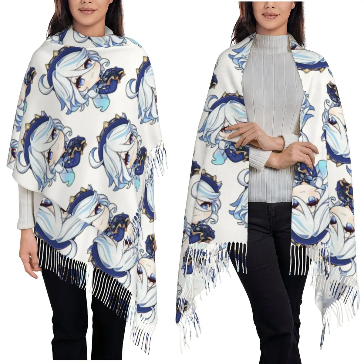 

Аниме Furina Genshin Impact Шарф с кисточками для женщин Мягкие теплые шали и накидки Большая осенне-зимняя шаль