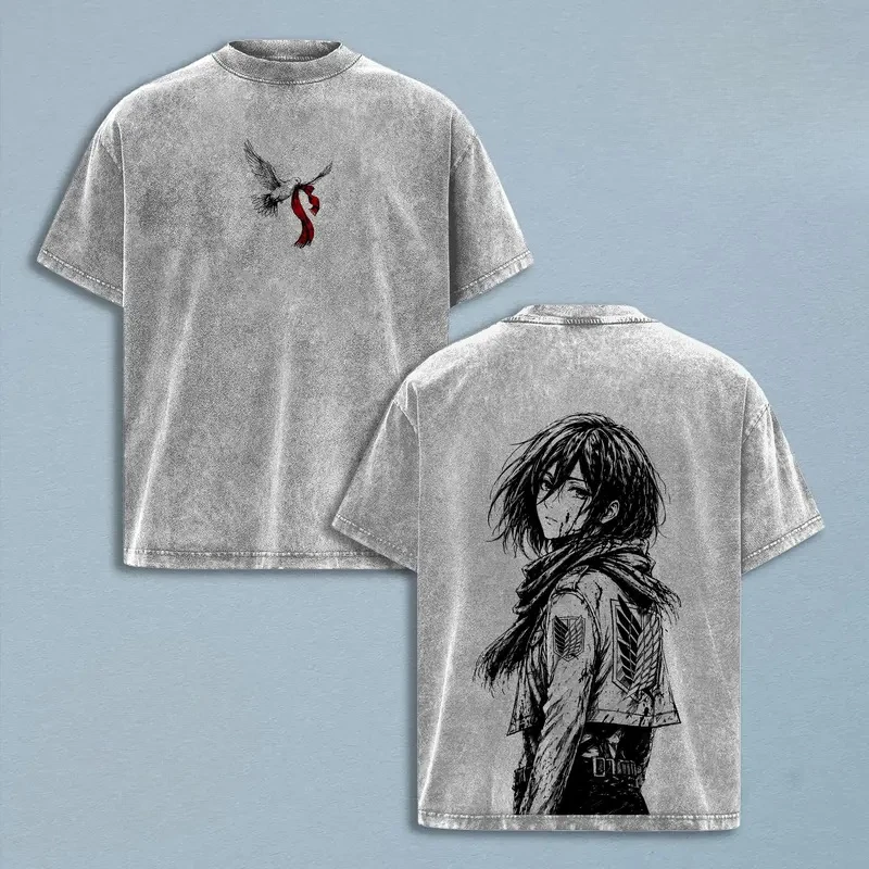 Vintage Washed Anime Attack On Titan Mikasa Graphic T Shirt Unisex Clothing Casual Cotton Tshirt T-shirt Oversized Fashion Tops