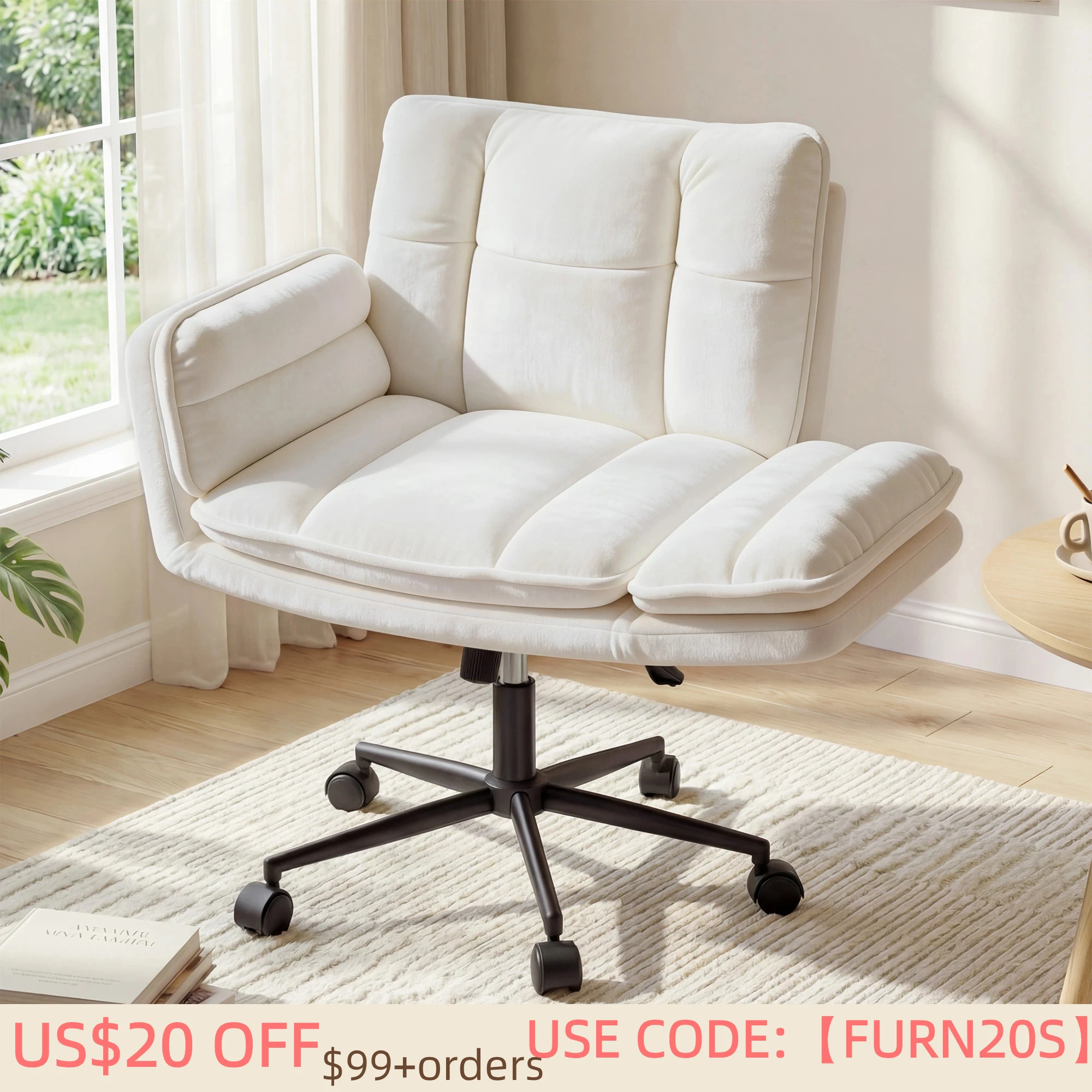 Cross Legged Office Chair, 5-Position Flip-Up Armrest, 95°-120° Reclining Swivel Computer Desk Chair, Height Adjustable Rolling Vanity Chair for Home Office Bedroom Makeup