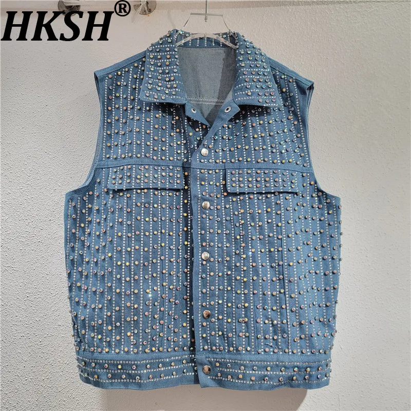 HKSH Women Denim Waistcoat Studded Diamonds Turn-down Collar Single Breasted High Street Sleeveless Jacket Spring Autumn HK22291