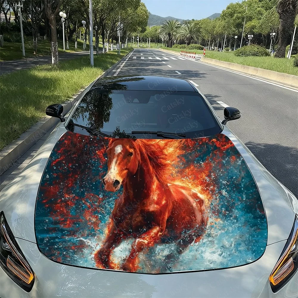 

Vibrant horse design on car hood, blending fiery red and cool blue hues. Perfect for unique vehicle styling.Car stickers for veh