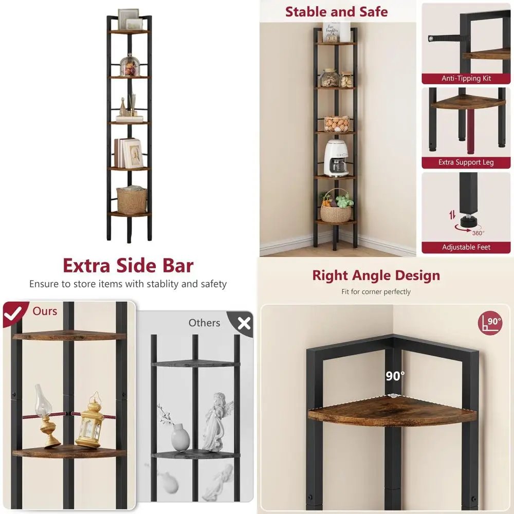 5-Tier 66.5 Industrial Style Corner Ladder Shelf - Rustic Brown, Multi-Use for Home, Office