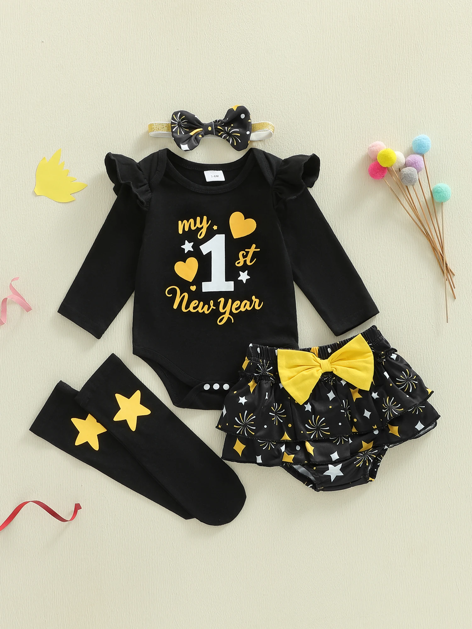 

Adorable Baby Girl New Year Ensemble Stylish Long Sleeve Romper with Printed Letters Ruffle Skort Matching Headband and