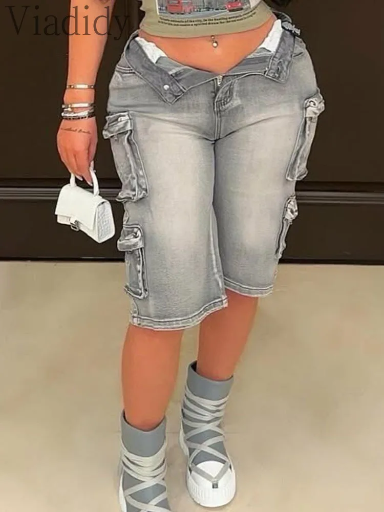 

Women's Casual High Waist Cargo Shorts Pockets Decor Denim Short
