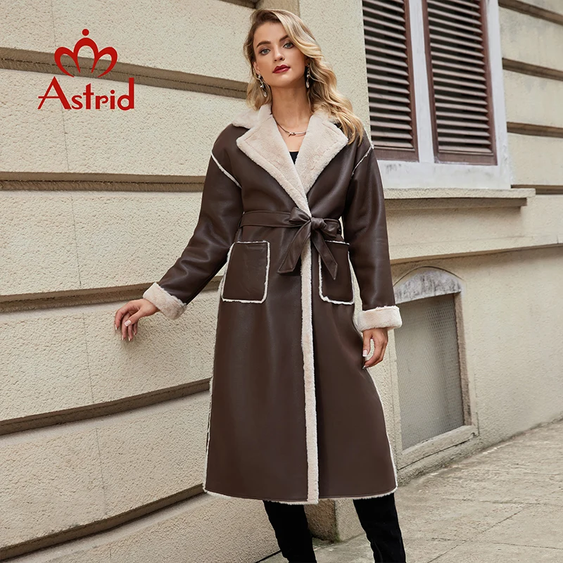 Astrid 2024 Winter Faux Leather Jacket Women Long Warm Plush Fur Collar Padded Coat Fashion Pocket Cotton Female PU Parkas K18