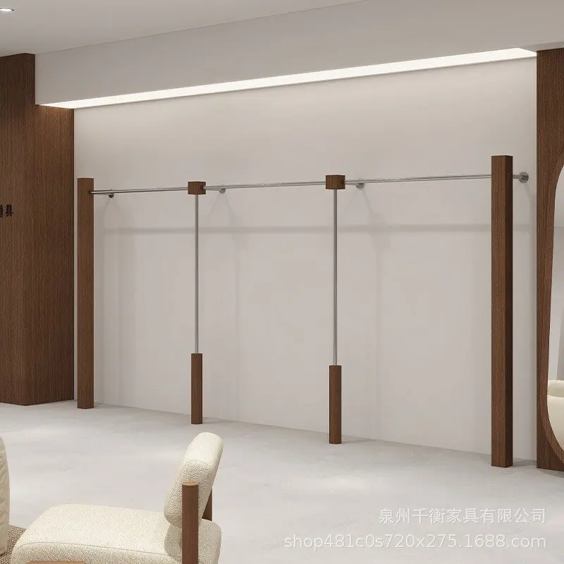 Walnut clothing store display rack on the wall Floor-to-ceiling hanger Walnut stainless steel women's clothing store shelf again