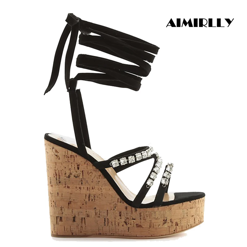 

Women’s Cork Platform Black Wedge Sandals Open Toe Lace Up Crystral Straps High Heels Comfortable Summer Party Shoes