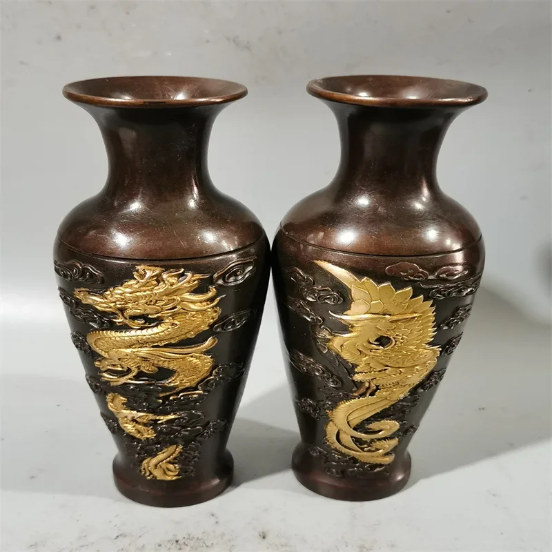 2023 New Antique Bronze Gilded Dragon and Phoenix Vase Ornament Home Decoration Creative Gift Craft One Piece Dropshipping