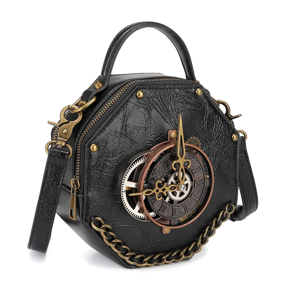 New Gothic Leather Clock Bag Steampunk Shoulder Bags Vintage Women Handbags Messenger Crossbody Bag Ladies Rivet Top-Handle Bags