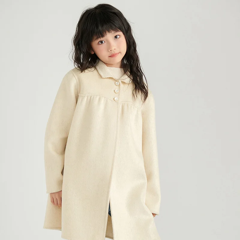 Autumn and Winter New Strict Selection Wool Woolen Coat Collar Pearl Pinch Pleated Design Sense Girl's Card