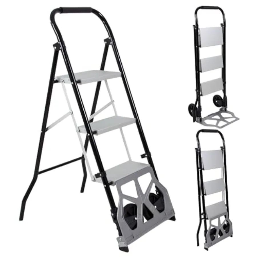 

in-1 Hand Truck Ladder, Dolly Cart Step Stool, Multi-Functional Foldable Hand Trolley and Ladder for Warehouse Garage Office or