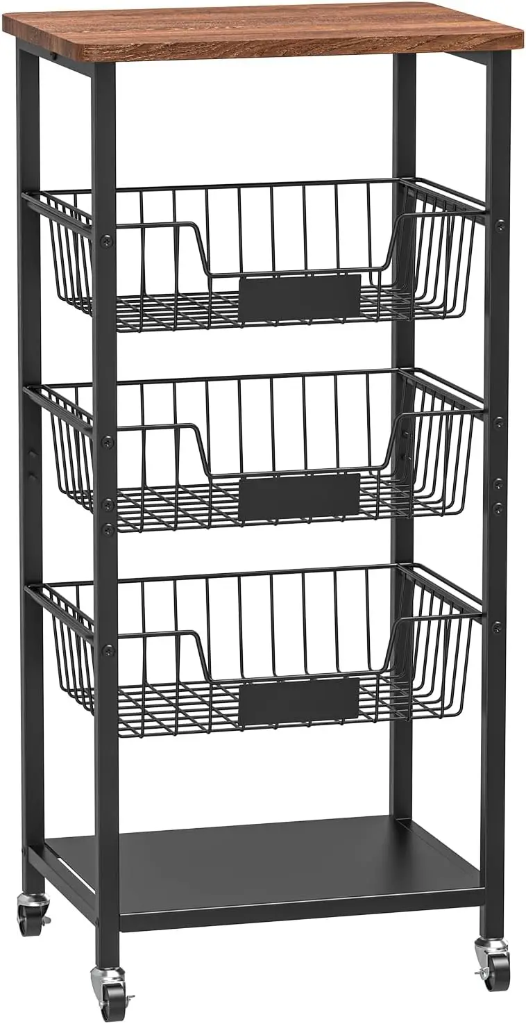 

Kitchen Storage Cart, Kitchen Basket, 5-Tier Utility Organizer with Baskets and Wood Top, Rolling Snack Cart with Wheels