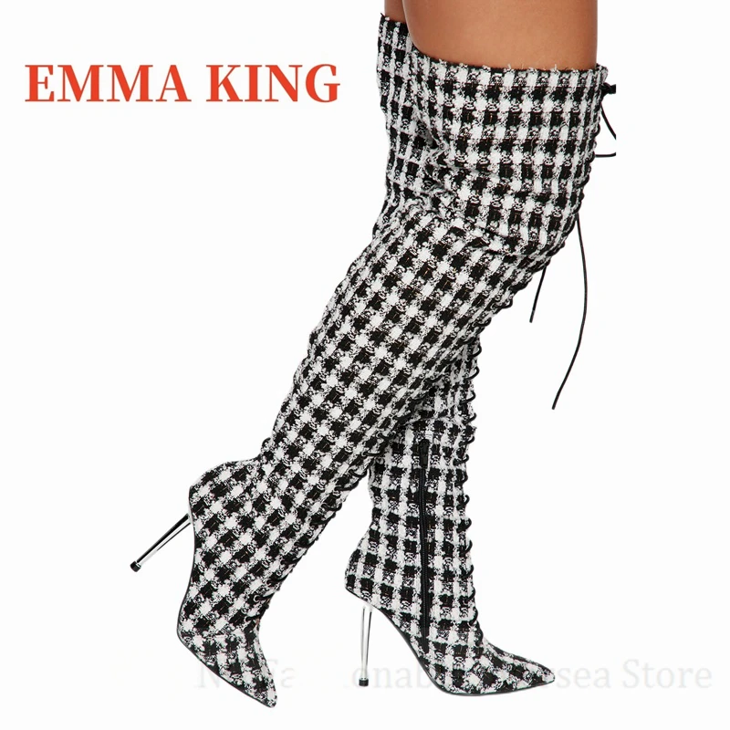 النساء منقوشة الدانتيل يصل الأحذية مثير مدبب تو كعب ستيليتو أحذية طويلة السيدات موضة الأحذية غير سترتش بوتاس دي موهير 44