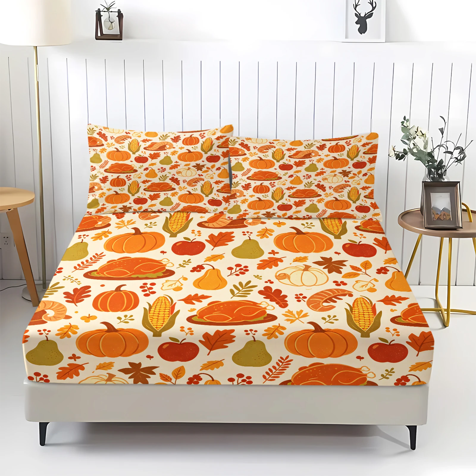 Fall Thanksgiving Fitted Sheet Set Pumpkin Maple Leaf Turkey Apple Pear Pattern Deep Pocket Mattress Cover Harvest Bed Sheet Set