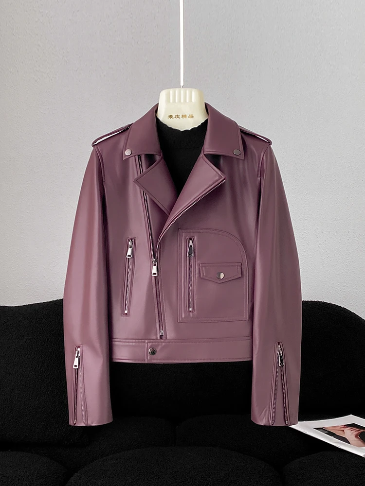 Women Leather Jacket Short Spring Trendy Handsome Motor Biker Genuine Sheepskin Zipper Pockets Coat Plus Size