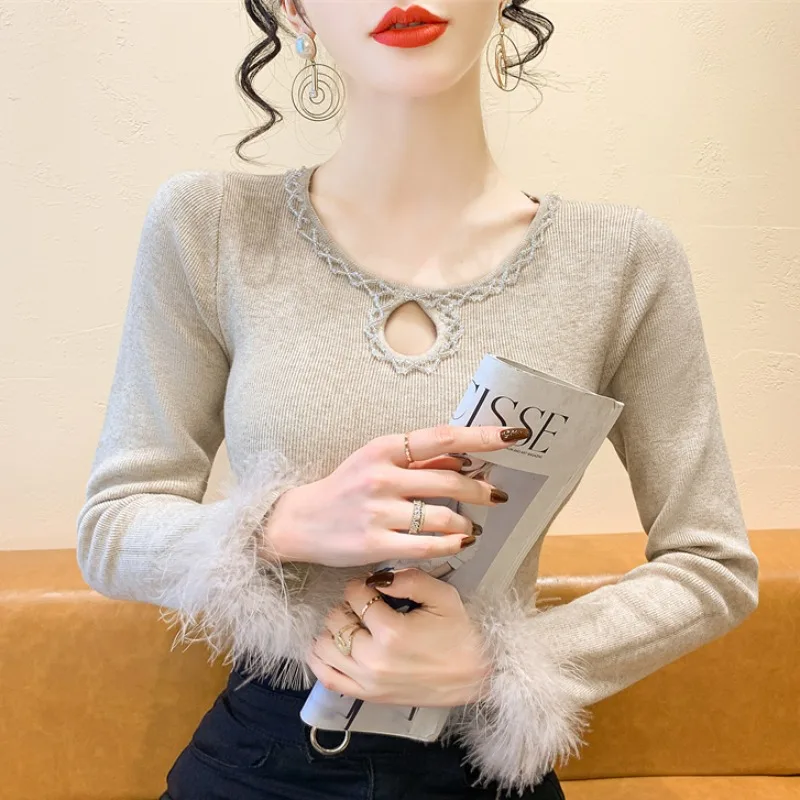 

2025, новинка, европейский, одежда, вязаный, свитер, женский, шикарный, сексуальный, с круглым вырезом, пэчворк, кружево, блестящий, бисер, пушистый, рукав, подходящие, топы, 51023