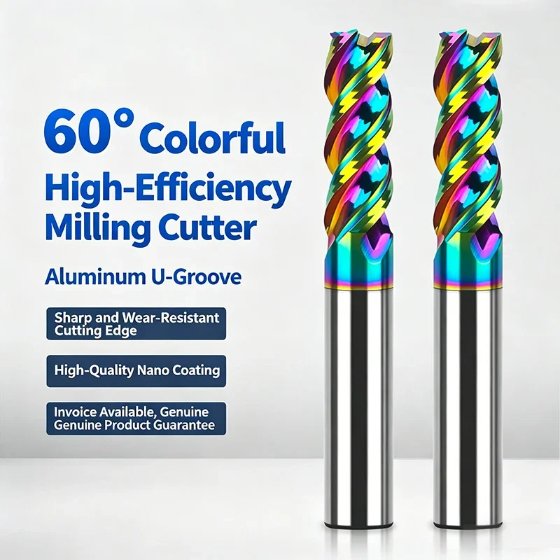 HRC60 3-Flute Color DLC Coating Flat U-Shaped End Mill Steel Carbide For Aluminum Milling Cutter CNC Machinery Endmills Tools