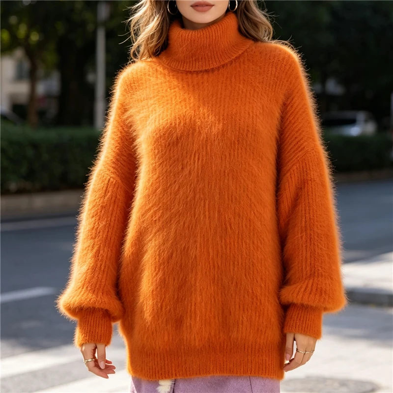 

Women Mujer Fashion Hairy Striped Mink Cashmere Knitted Turtleneck Striped Loose Pullover Lazy Oaf Fall Winter Sweater Jumper