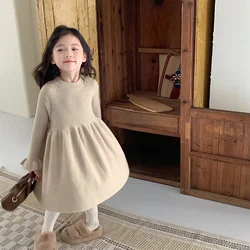 Girl Dress New Autumn Winter Korean Fashion Style Solid Knitted Wool Dress Baby Girl Long Skirt Girls Casual Dresses Kid Clothes