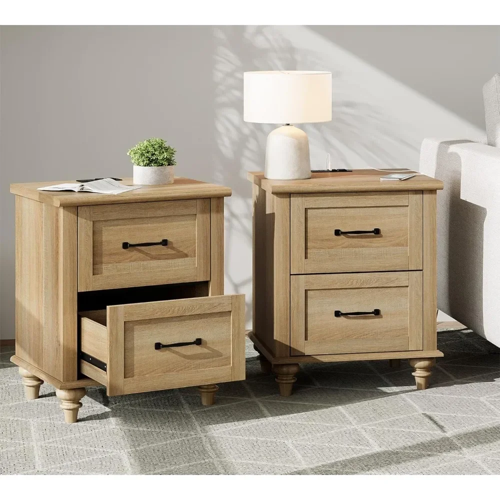 

20 Inch Nightstand Set of 2 with Charging Station & 2 Drawers Bedside Table End Tables Wooden Nightstand