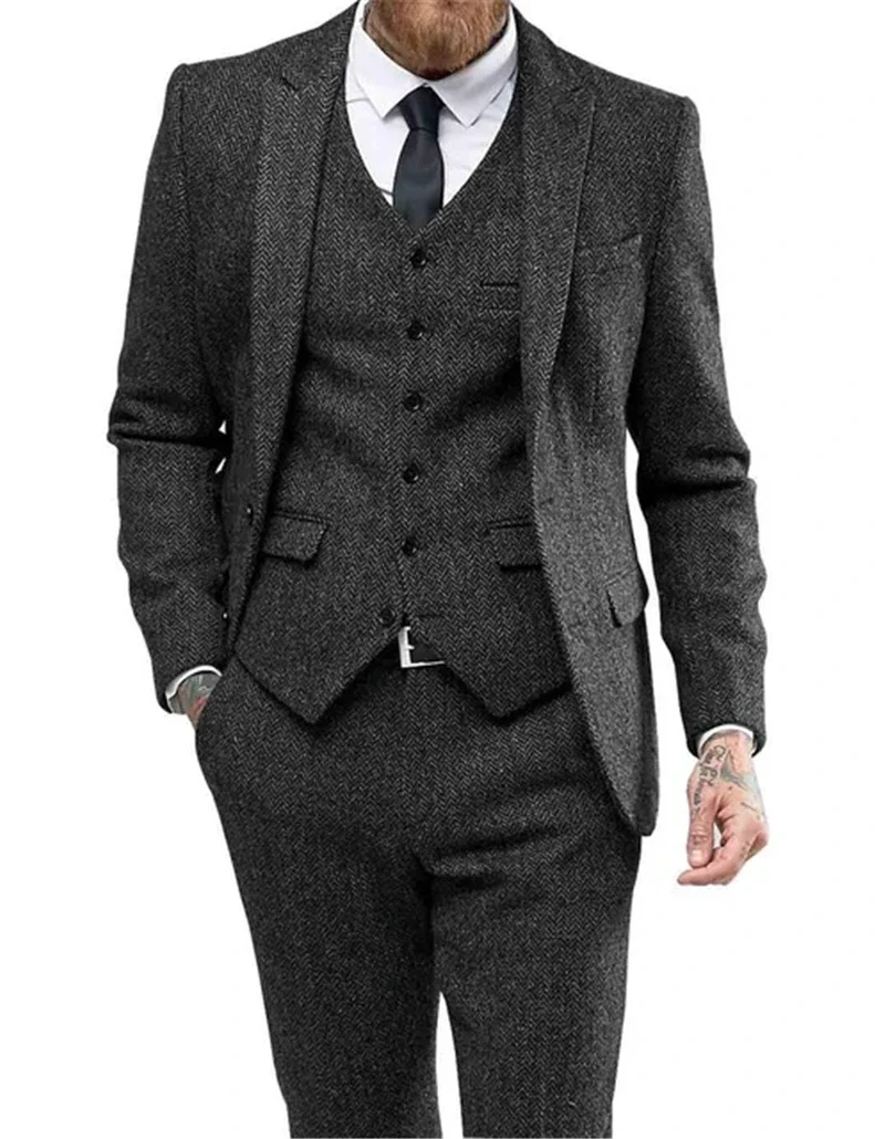 Men\'s Suits 3 Pieces Black Wool Herringbon Slim Fit Casual Formal Business Groomsmen Tweed Tuxedos for Wedding Blazer+Pants+Vest