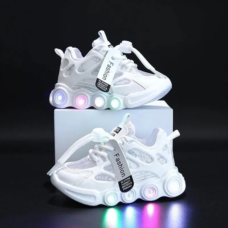 Crianças Sapatos Meninos LED Sneakers Impermeável Air Mesh Sapatos Branco Crianças Esporte Running Sneakers Respirável Adolescentes School Trainers