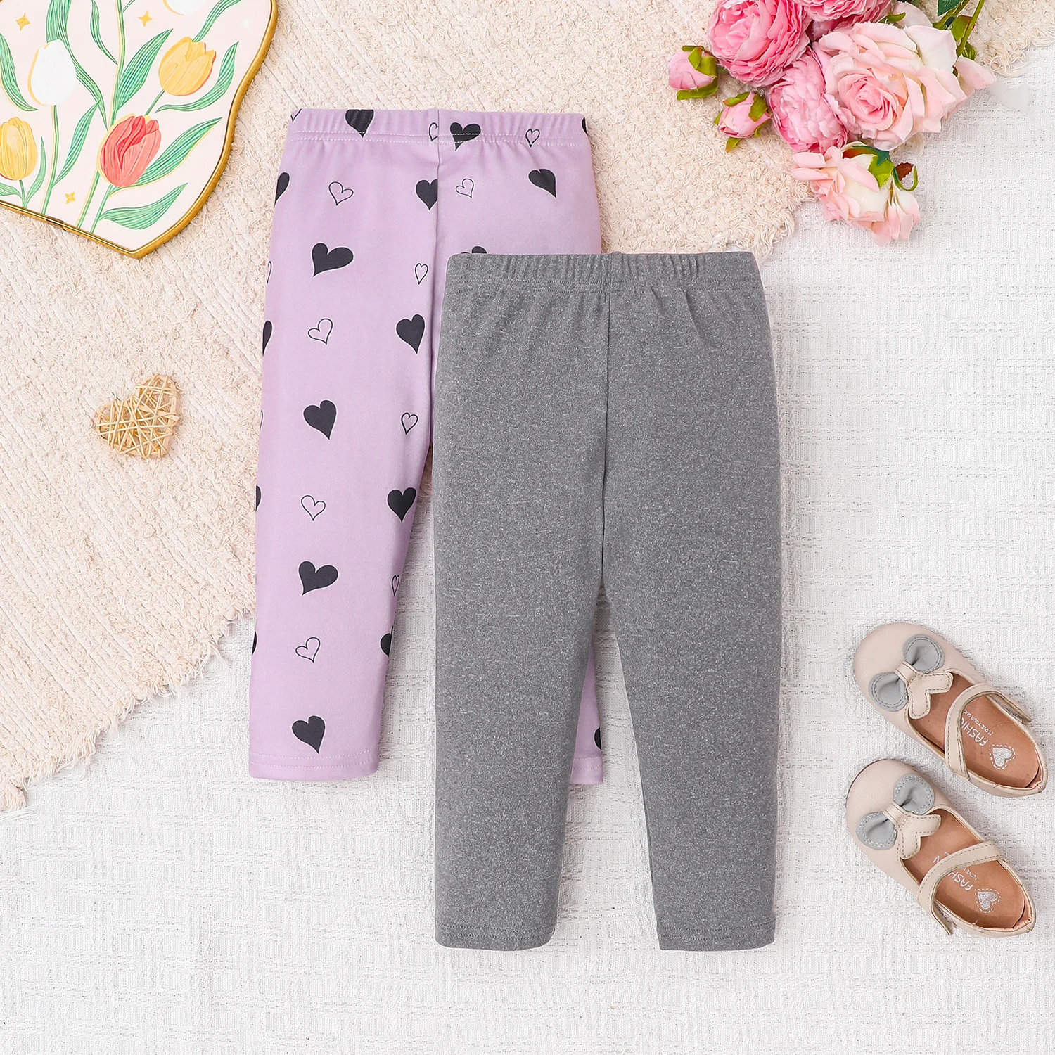 Infant Toddler Baby Girls Heart Print Purple & Solid Gray Leggings Soft Cotton Elastic Waist Stretch Pants 2Pcs All Seasons