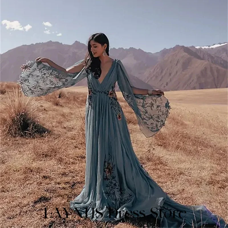 LAYXHS Vestidos de noite elegantes com decote em V, xale, apliques, linha A, pregas, vestidos formais de baile, personalizados