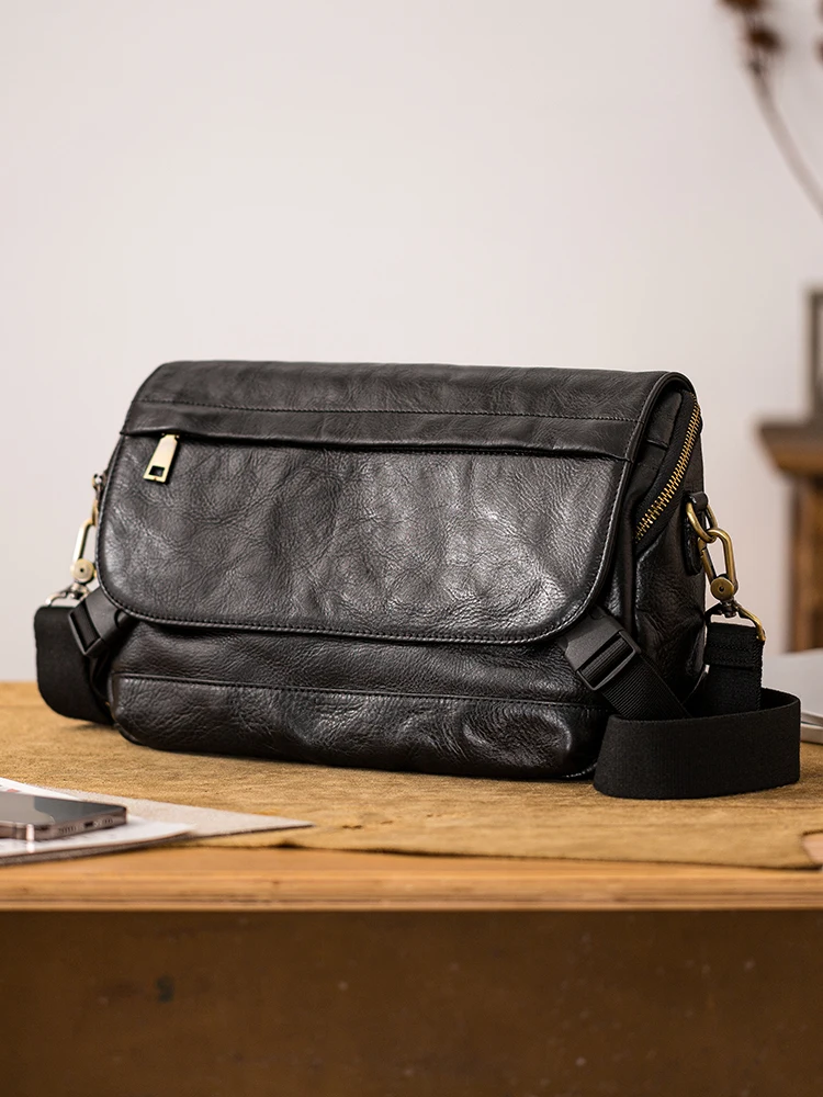 outdoor travel genuine leather large-capacity men's black shoulder bag casual designer handmade cow leather tablet crossbody bag