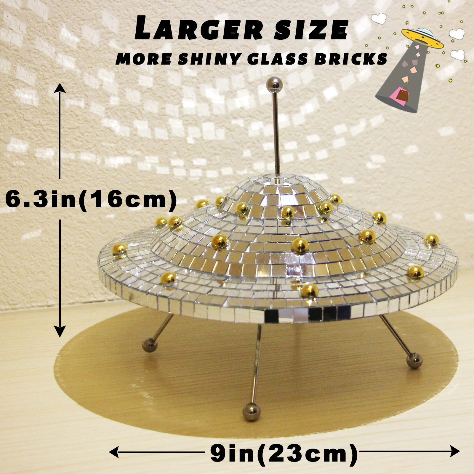 UFO Spaceship Disco Ball Home Décor Vintage Mirror Reflective Decorations UFO Space World Desk Ornaments Art Crafts 9inch*6.3in